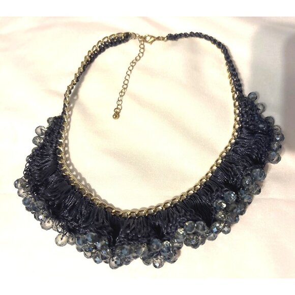 Navy Blue Beaded Collar Necklace Gold Chain Adjustable Lobster Clasp Handcrafted - Picture 5 of 5